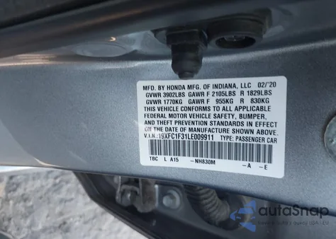 2020 Honda Civic Ex from USA, damaged, VIN 19XFC1F31LE009911